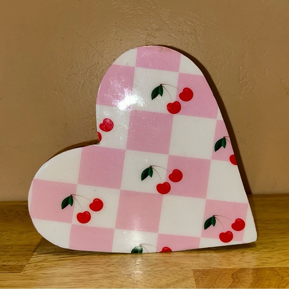 C&C CALIFORNIA Wood Heart Decor. Pink Checkerboard & Red Cherry Accents. NWTS - Picture 2 of 6
